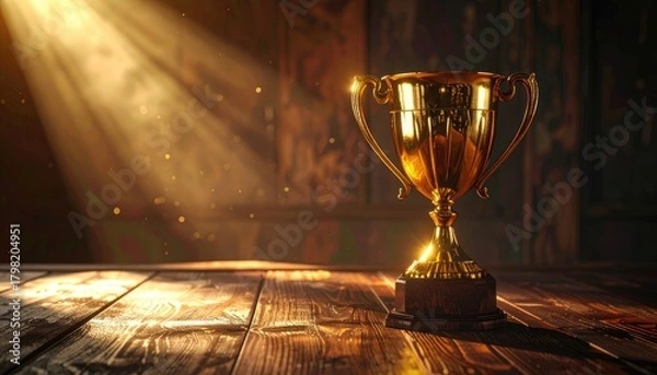 Fototapeta Golden trophy on a wooden table, illuminated by a dramatic ray of light