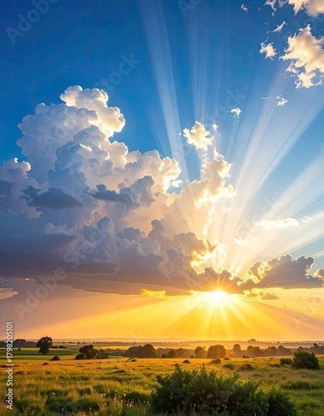 Fototapeta Dramatic sunbeams burst through clouds over a golden field at sunset