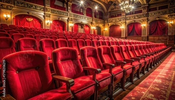 Obraz Ornate, vintage theater with empty red velvet seats awaiting a performance