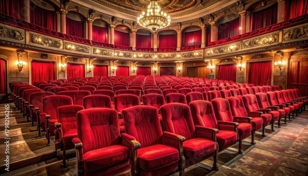 Obraz Ornate vintage theater with red velvet seats, balconies, and grand chandelier