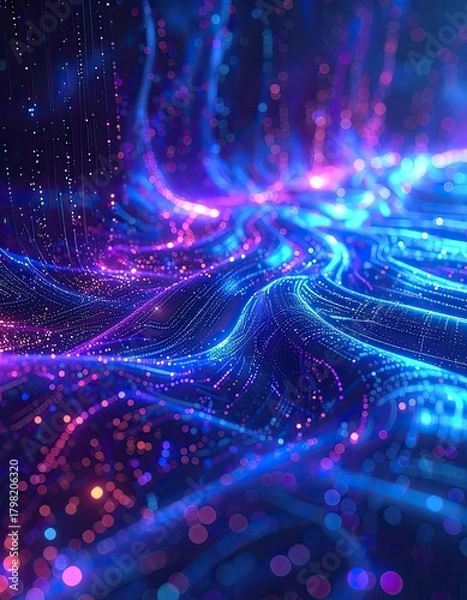 Obraz Vibrant waves of glowing digital particles on a flowing abstract landscape