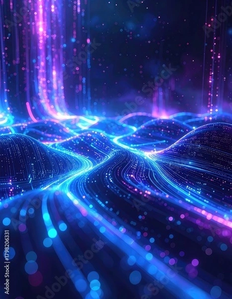 Obraz Luminous data streams flow across a futuristic, undulating digital terrain