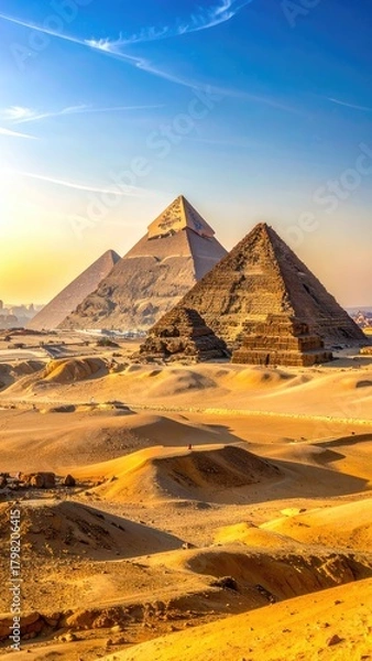 Obraz Majestic pyramids rise from golden desert sands under a brilliant blue sky