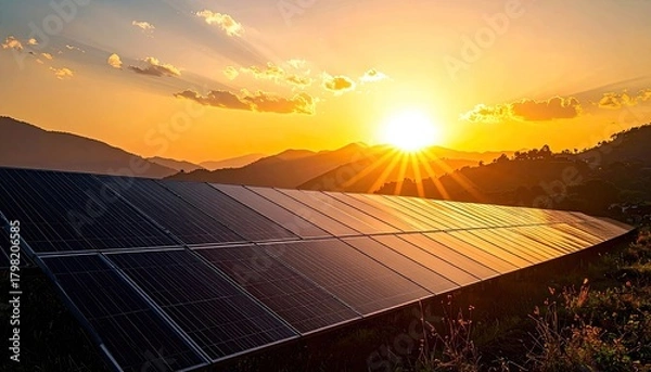 Obraz Solar panels on a hillside reflecting a brilliant golden sunset over mountains