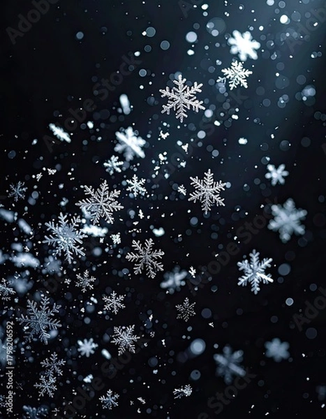Obraz Intricate snowflakes falling in a soft glow against a dark, dreamy background