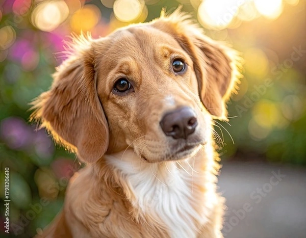 Obraz An adorable golden puppy with a white chest tilts its head in a sunlit garden