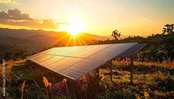Obraz Solar panels generating clean energy on a rural hillside at golden hour sunset