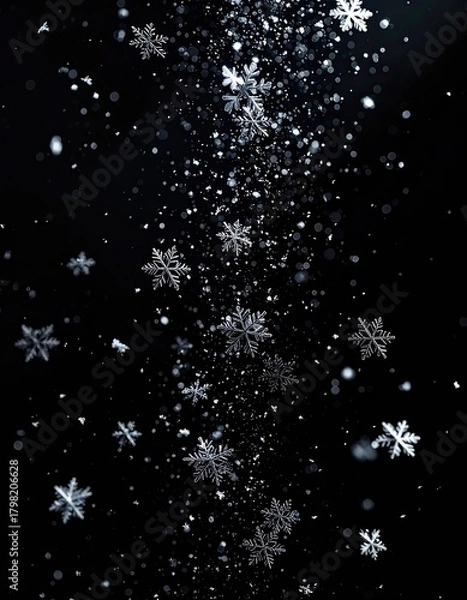 Obraz Cascading snowflakes and glittering ice crystals fall through a dark night sky