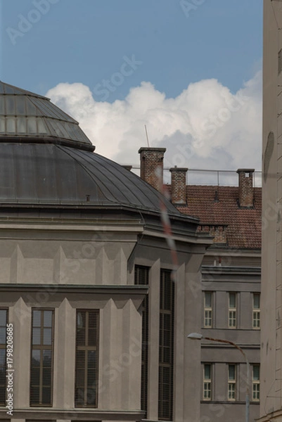 Fototapeta large classical dome rising above mixed rooftops and chimneys, layered skyline with cloudy sky evokes timeless