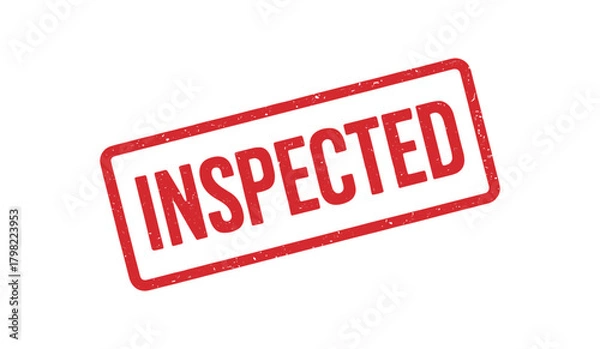 Fototapeta Red rubber stamp text INSPECTED rectangular outline bold capital letters distressed texture rotation isolated on white background vector illustration clean minimal style