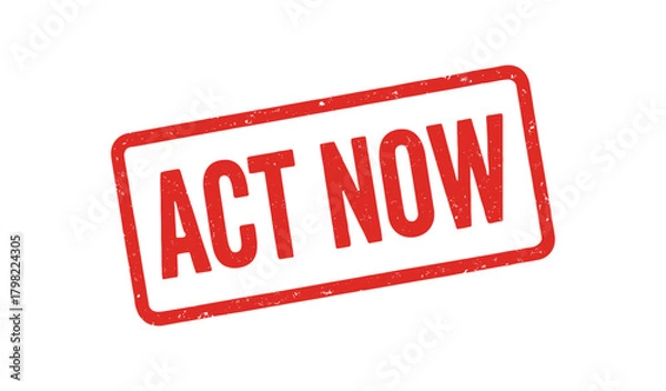 Fototapeta Red rubber stamp text ACT NOW rectangular outline bold capital letters distressed texture rotation isolated on white background vector illustration clean minimal style