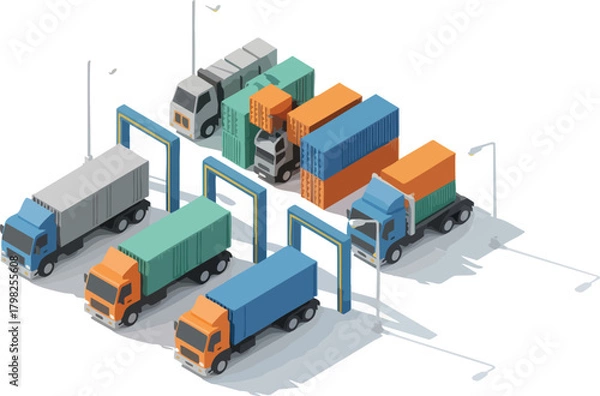 Fototapeta Isometric illustration depicting a logistics hub with various container trucks and loading gates