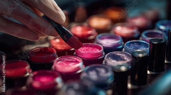 Fototapeta Beautician wearing gloves using brush selecting pink glitter nail polish from colorful palette in beauty salon, nail art, manicure, make up and cosmetics concept