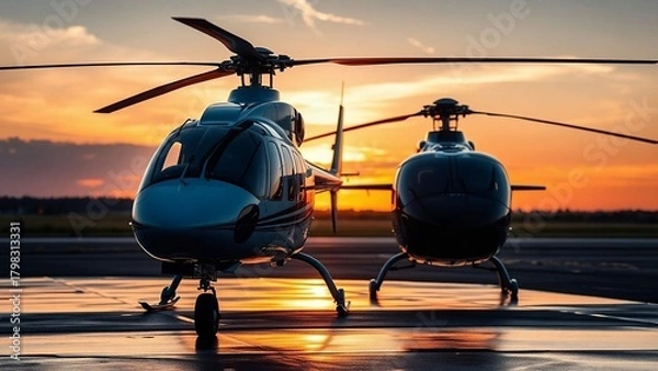 Obraz Close-up of the helicopters parked on wet runway during sunset.
