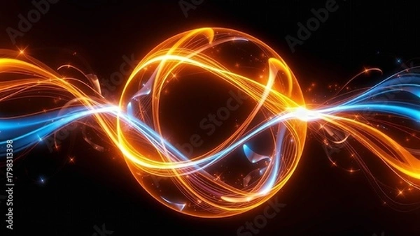 Obraz Abstract glowing fusion sphere with intertwined golden and blue light trails.