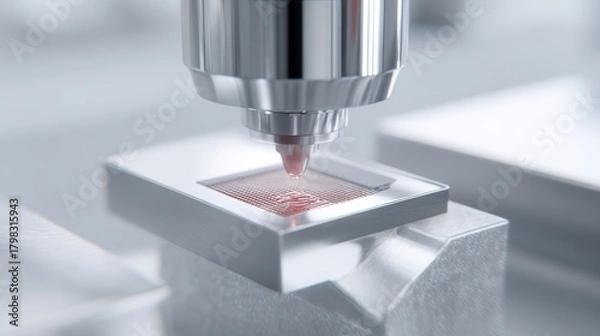 Fototapeta Microchip manufacturing process with AI vision system scanning electronic components, high precision, modern technology, metallic surface