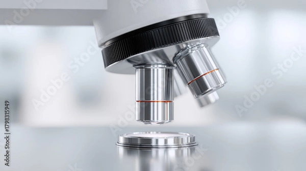 Fototapeta Close up microscope lens focusing on glass slide in laboratory, scientific research, technology, and precision concept