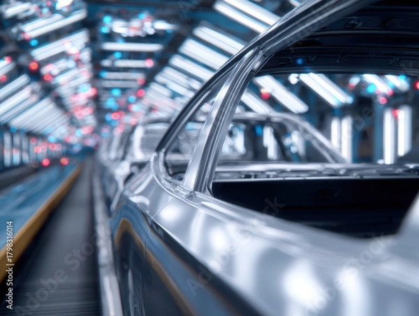 Fototapeta Car body on assembly line under bright lights, modern automotive factory, industrial production, high technology, efficiency, metallic finish