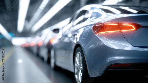Fototapeta Modern sedan car with illuminated tail light on assembly line, automotive manufacturing, high fidelity, technology, efficiency, industrial setting