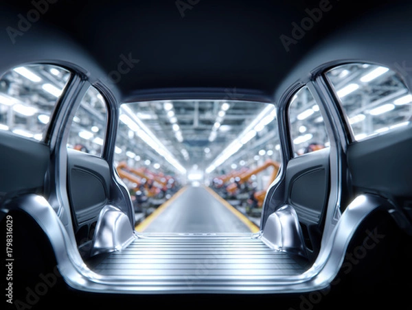 Fototapeta View from inside empty car body on assembly line, showing metal frame, industrial robots, and bright factory lighting