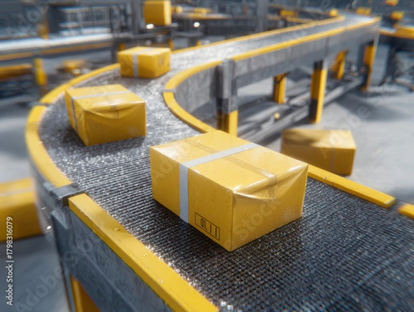 Fototapeta Automated logistics system with conveyor belts transporting yellow packages efficiently in modern warehouse environment