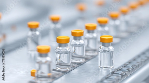 Fototapeta Sterile glass vial with yellow cap on automated pharmaceutical production line, biotechnology manufacturing, clean, precise, modern