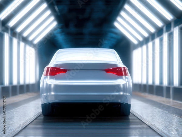 Fototapeta White car body moving through automated paint booth, illuminated by bright lights, modern automotive manufacturing, clean, high technology