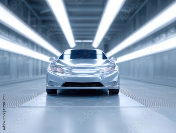 Fototapeta Sleek silver car body moving through automated paint booth, modern automotive manufacturing, high gloss finish, futuristic lighting