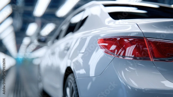 Fototapeta Shiny white sedan on modern automotive assembly line, quality inspection system, high fidelity lighting, advanced technology, efficiency