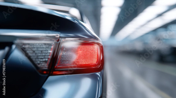 Fototapeta Sleek black car rear light illuminated in modern automotive factory, high quality inspection, technology, and precision engineering
