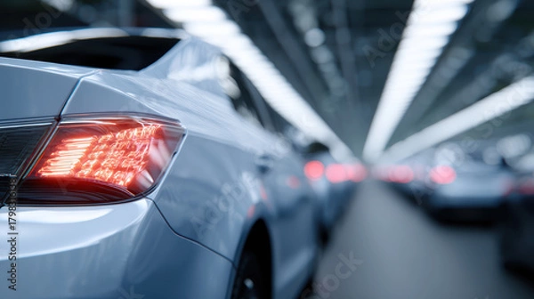 Fototapeta Modern car in automotive factory quality inspection line, rear view, high fidelity lighting, technology, efficiency, production process