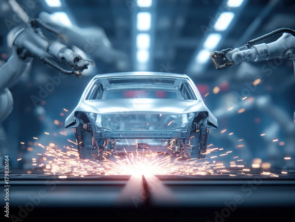 Fototapeta Car frame welding station with robotic arms, sparks flying, modern factory, high technology, industrial automation, steel structure