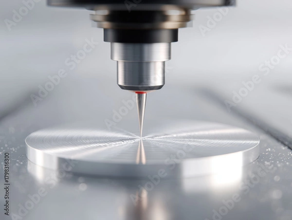 Fototapeta CNC machine engraving fine details onto titanium disc, precision engineering, metallic surface, industrial technology