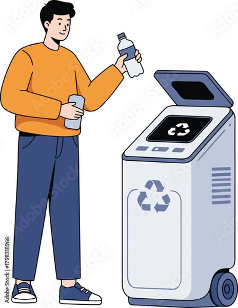 Fototapeta Modern recycling bin cartoon illustration, symbolic eco-tech interaction and sustainable behavior graphics for design and education