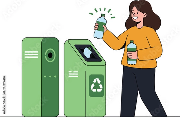 Fototapeta Recycling bin cartoon illustration, symbolic waste sorting and sustainable behavior graphics for design and education