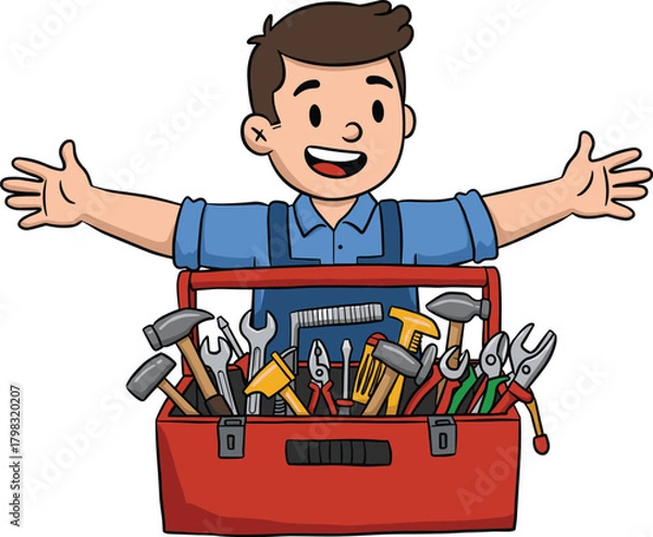 Fototapeta Toolbox cartoon illustration, symbolic DIY readiness and construction empowerment graphics for design and education