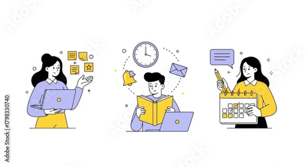 Obraz Diverse professionals managing tasks with laptops, calendars, and notes