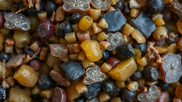 Fototapeta A detailed top down macro shot of grape marc the solid remains of grapes after pressing for wine consisting of skins pulp seeds and stems creating a natural texture.