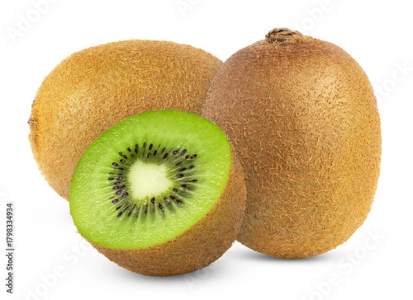 Fototapeta Two ripe whole green kiwi fruit and half isolated. Kiwis with clipping path.