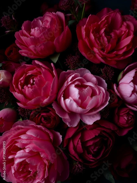 Fototapeta A lush arrangement of peonies and other flowers in moody, dark tones.  Deep reds and pale pinks contrast beautifully against the deep background. The image evokes a feeling of romance and mystery.