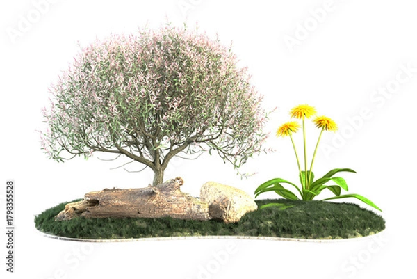 Fototapeta Scene depicts a pink willow tree a log yellow flowers.
