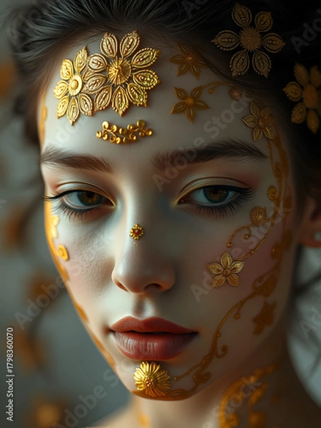 Fototapeta Serene portrait a face embellished with golden floral patterns