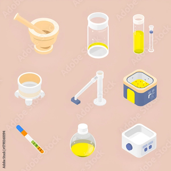 Fototapeta Lab Tools Icons. Isometric vector illustration set Sample preparation tools: mortar and pestle, homogenizer, ultrasonic bath,