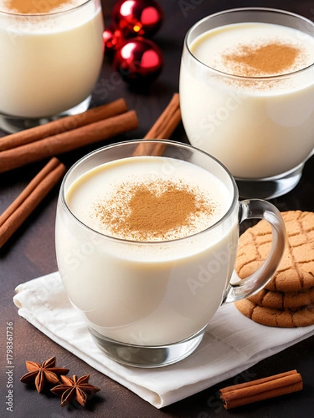 Fototapeta Eggnog traditional Christmas drink with cinnamon and ginger cookies. Cookies and milk for Santa Claus
