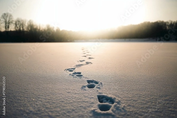 Fototapeta Footprints in the snow field