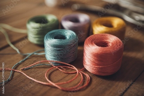 Fototapeta Colorful spools of thread on wood