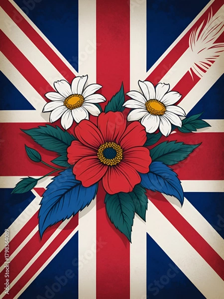 Fototapeta Creative british style background with flowers and united kingdom uk flag, AI generated illustration