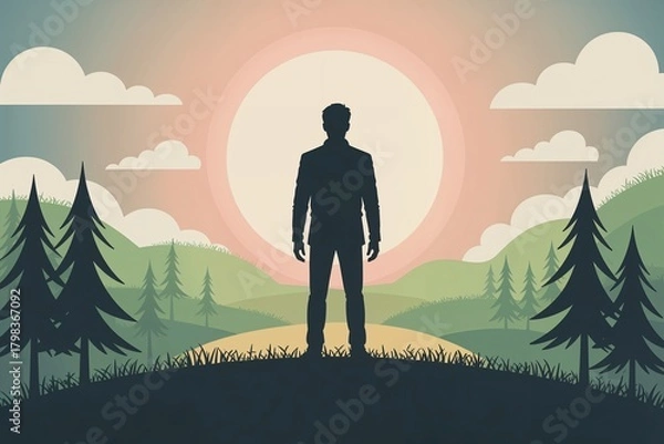 Obraz Man standing on hill at sunset