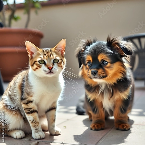 Fototapeta Un gato y un cachorro se miran fijamente en un patio soleado.