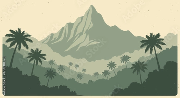 Obraz Monotone tropical landscape illustration with palm trees and mountain